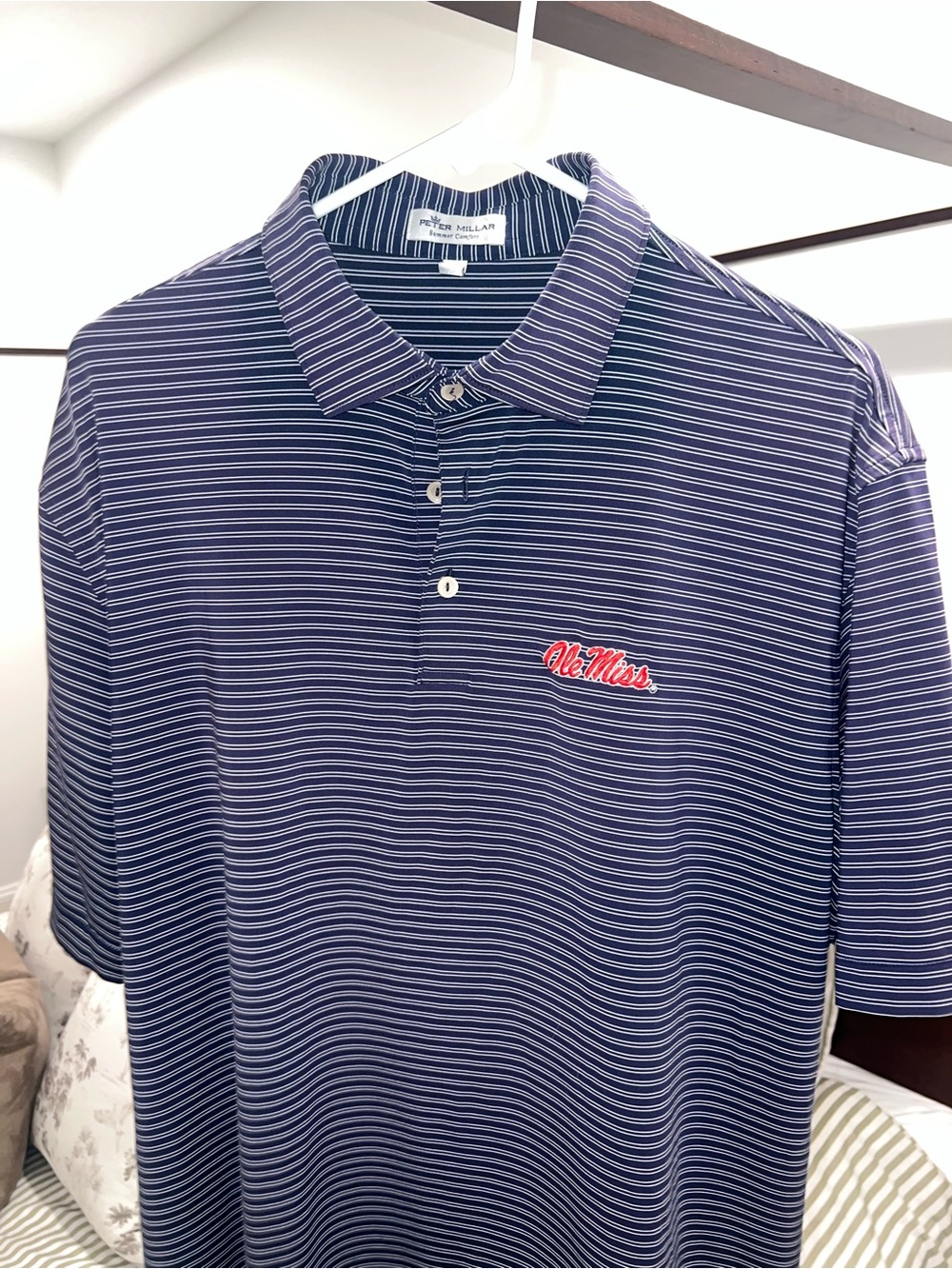 Peter Millar Navy and White Striped Polo with Red Ole Miss Logo